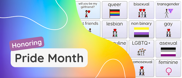 Colorful graphic celebrating Pride Month with various LGBTQ+ symbols.