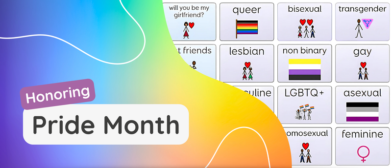 Colorful graphic celebrating Pride Month with various LGBTQ+ symbols.