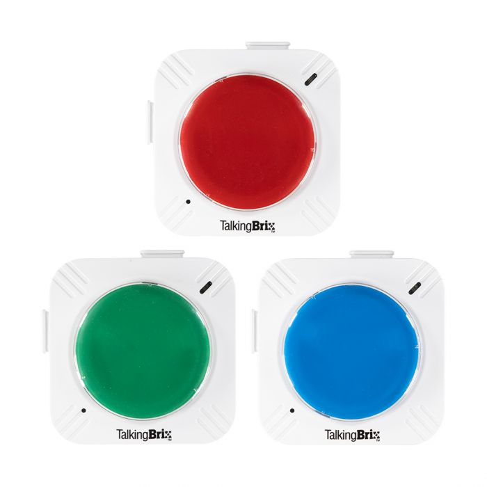 flat angle of three talkingbrix in red, green and blue