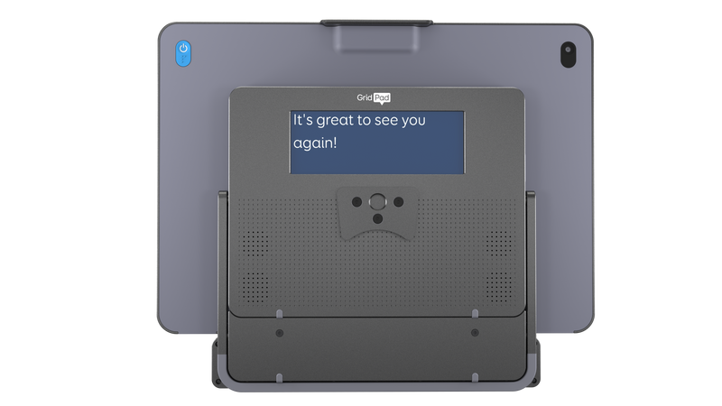 Back view of Grid Pad 16 with phrase Its great to see you again displayed on second screen.