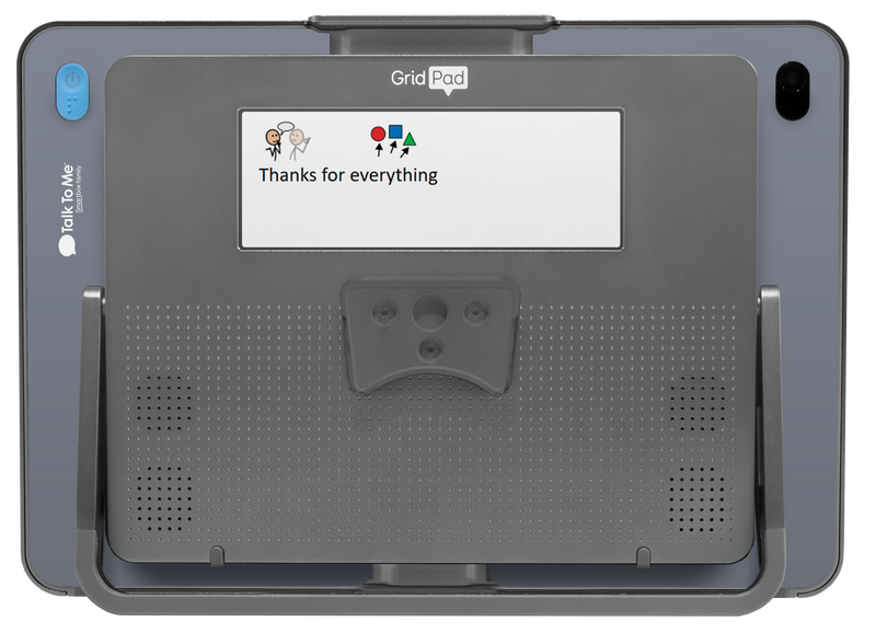 Back view of Grid Pad 13 with matte grey skin displaying the phrase "Thanks for everything."