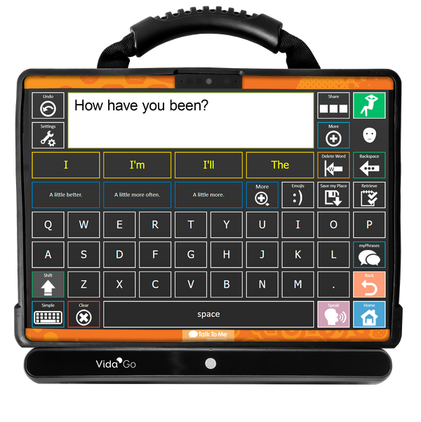 Front view of a Zuvo 12 with vida go displaying Onword vocabulary and tangerine orange skin. 