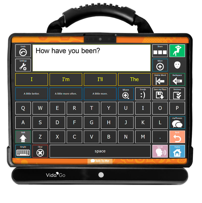 Front view of a Zuvo 12 with vida go displaying Onword vocabulary and tangerine orange skin. 
