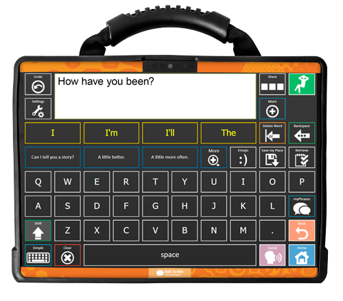 Front view of a Zuvo 12 displaying Onword vocabulary with the phrase "How have you been?" and tangerine orange skin. 